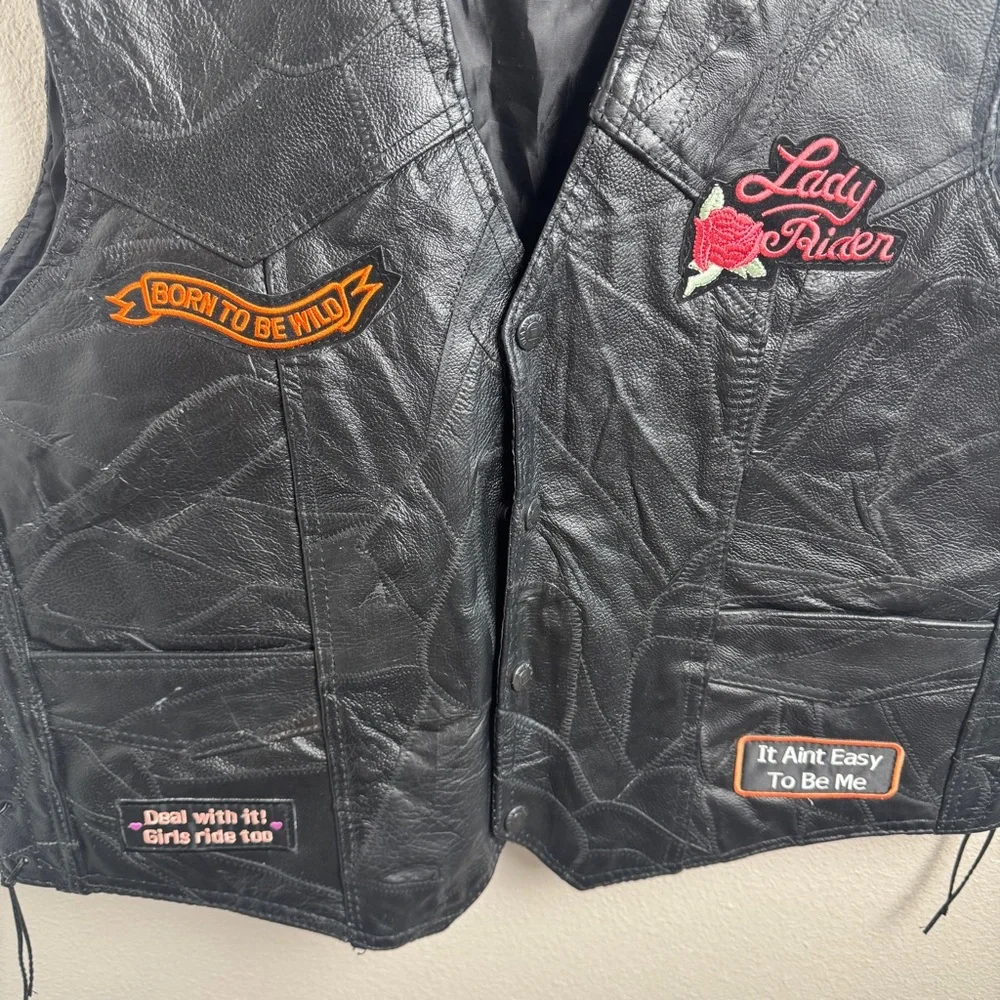 Diamond Plate Buffalo Leather Black Biker Vest with Patches Embroidered Mens XL‎